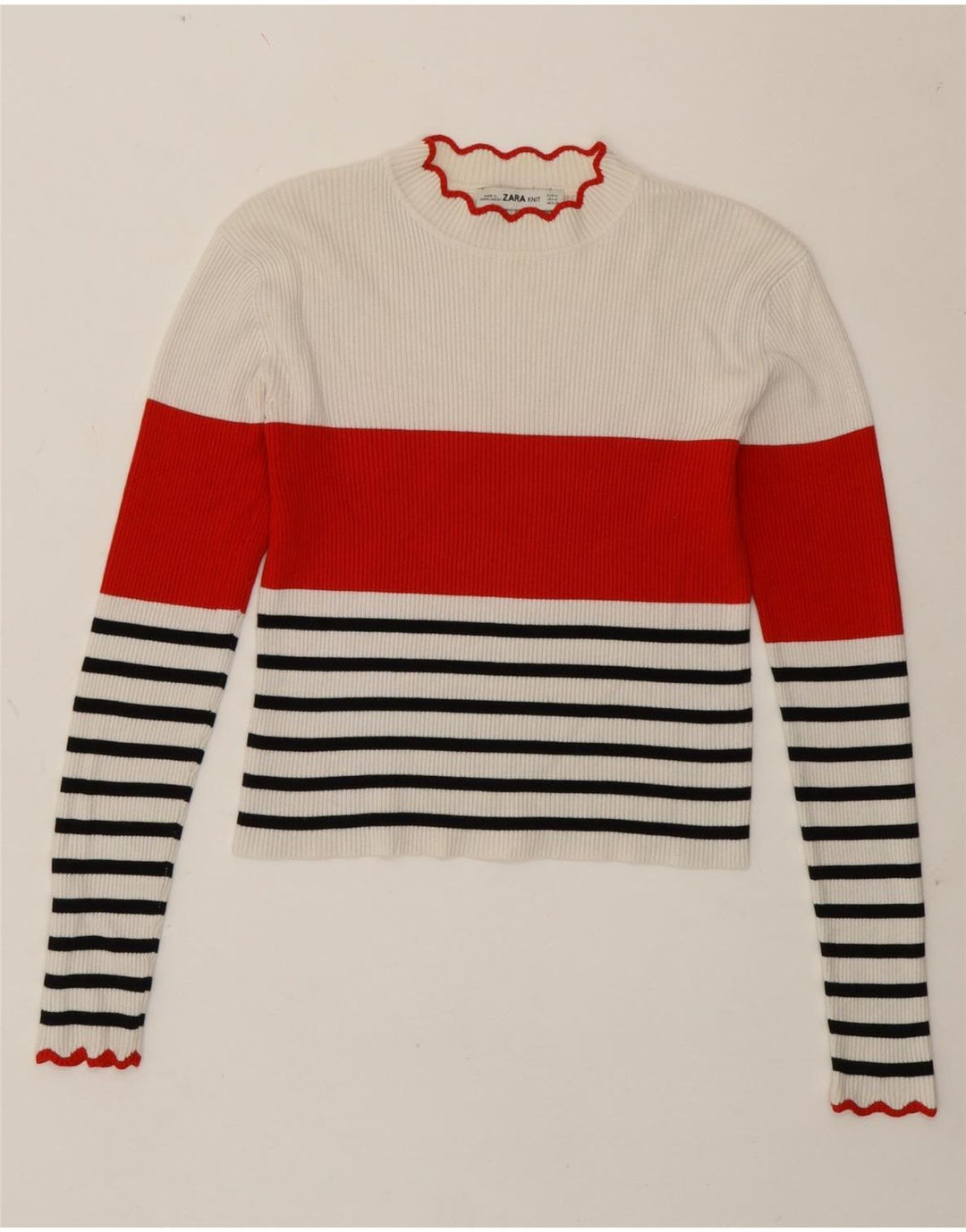 Zara Damen Crop Top Langarm UK 12 Mittelweiß gestreift