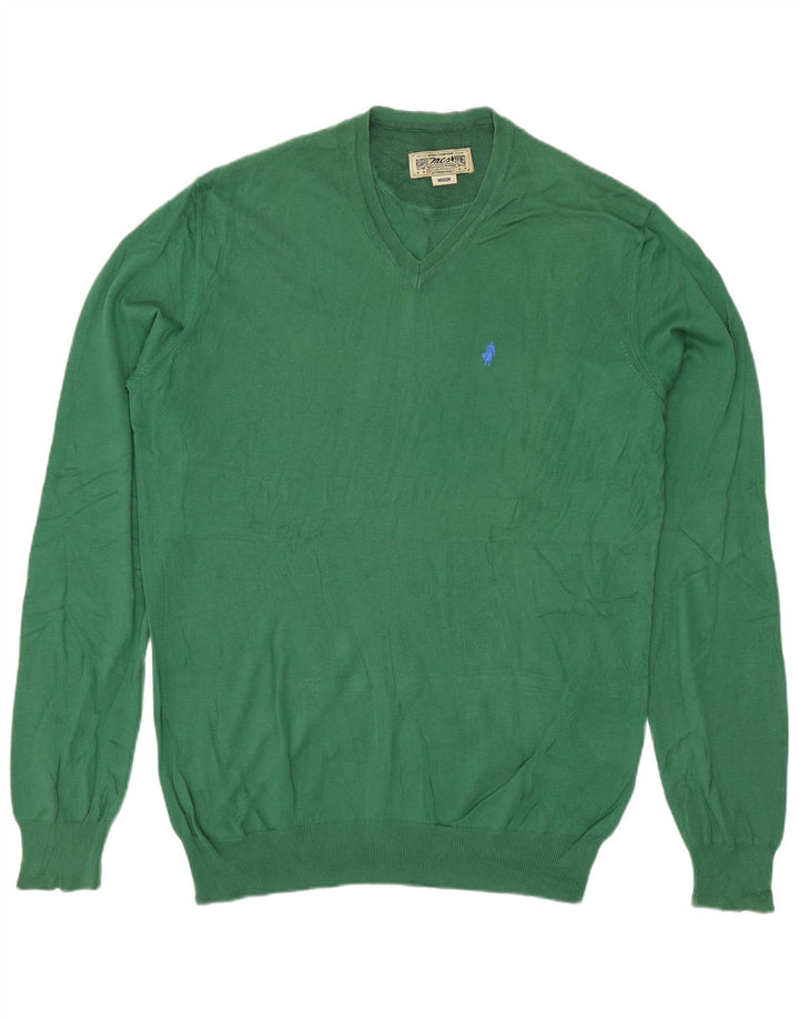 Marlboro Classics Herren-Pullover mit V-Ausschnitt aus mittelgrüner Baumwolle