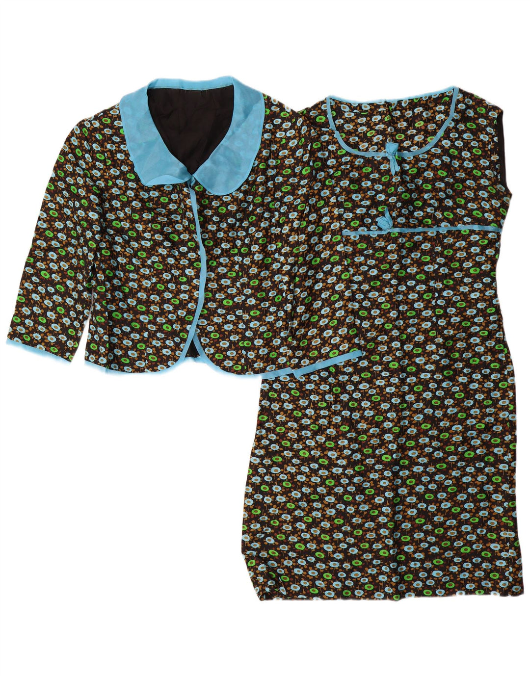 VINTAGE Damen 3/4-Ärmel 2-teiliges Set UK 14 Mittelschwarz geblümt