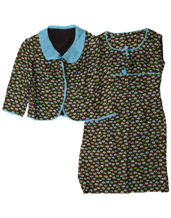 VINTAGE Damen 3/4-Ärmel 2-teiliges Set UK 14 Mittelschwarz geblümt