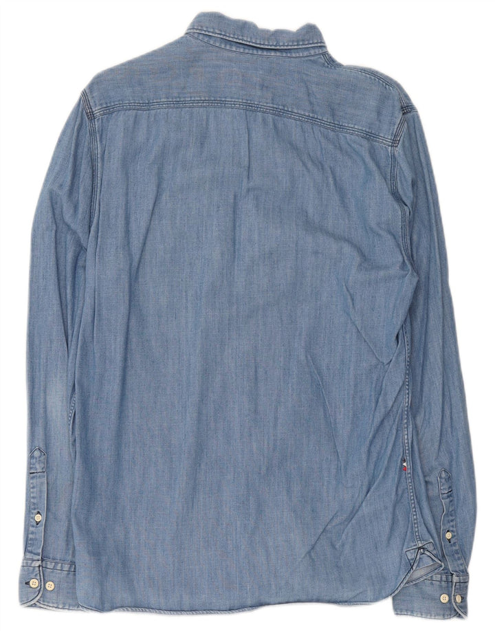 Lacoste Herren-Jeanshemd, Größe 40, mittelblaue Colourblock-Baumwolle