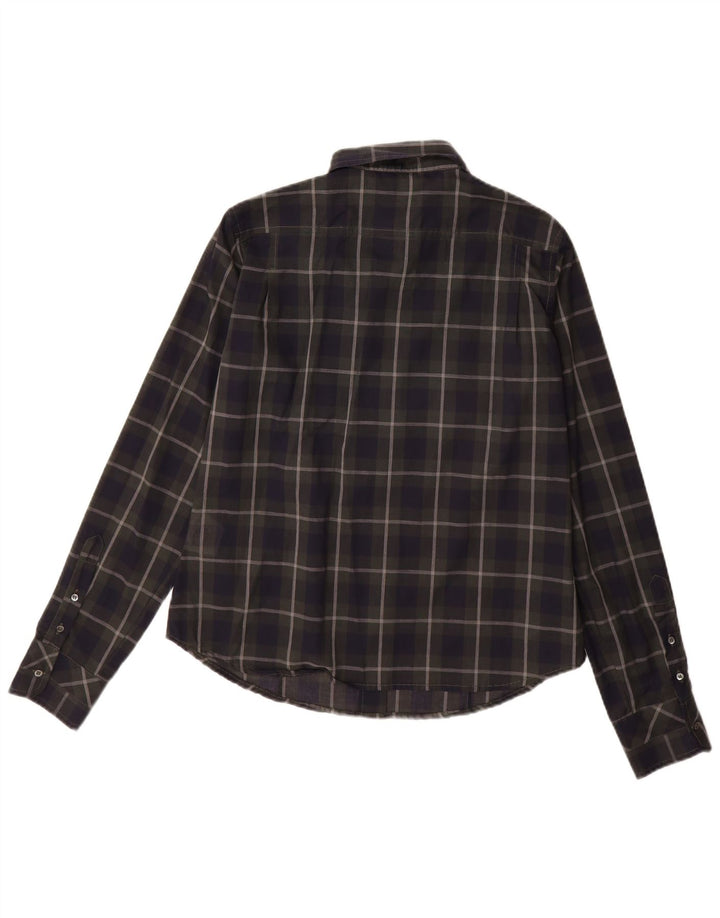 Henry Cottons Damen-Hemd mit Rüschen vorne IT 48 XL Marineblau karierte Baumwolle