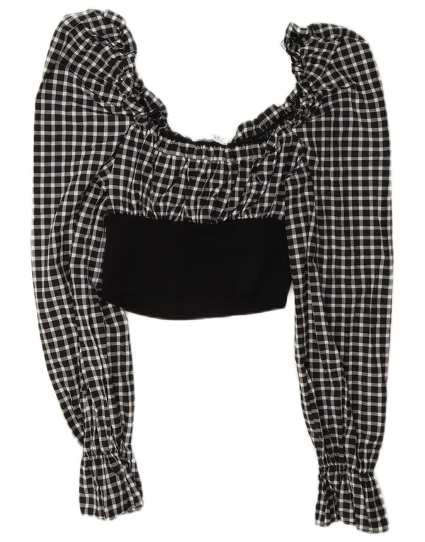 Zara Damen Langarm-Crop-Top UK 12 Mittelschwarzes Gingham-Polyamid