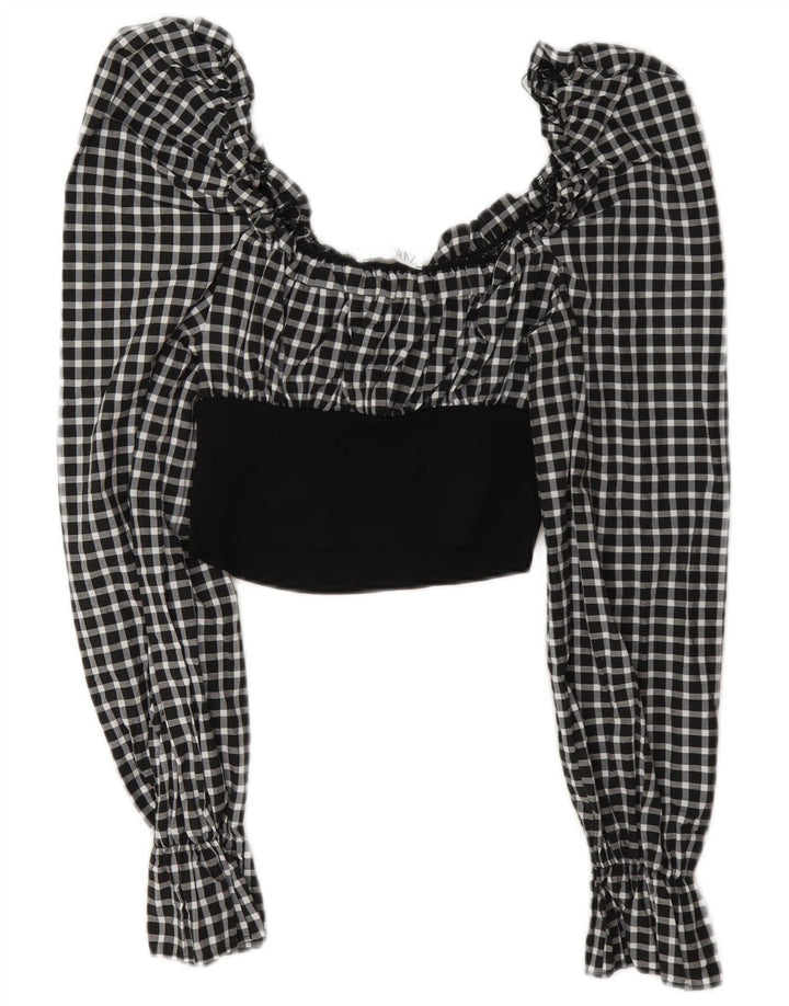 Zara Damen Langarm-Crop-Top UK 12 Mittelschwarzes Gingham-Polyamid