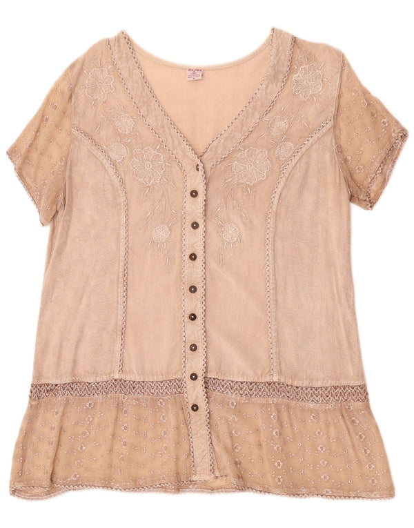 Vintage Damen Kurzarm-Hemdbluse UK 14 Medium Beige Floral Viskose