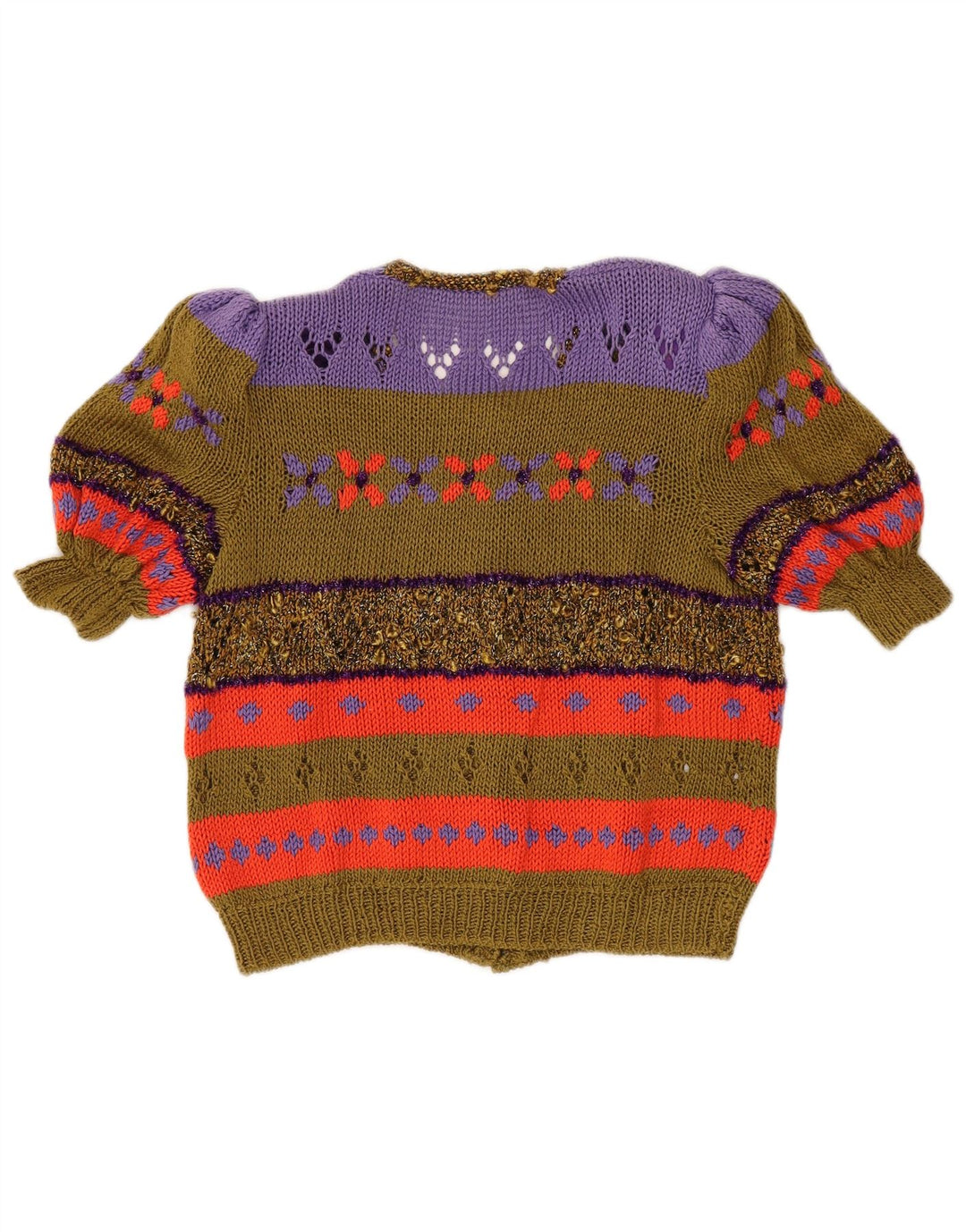 Vintage Damen Kurzarm-Cardigan-Pullover UK 14 Medium Khaki Colourblock