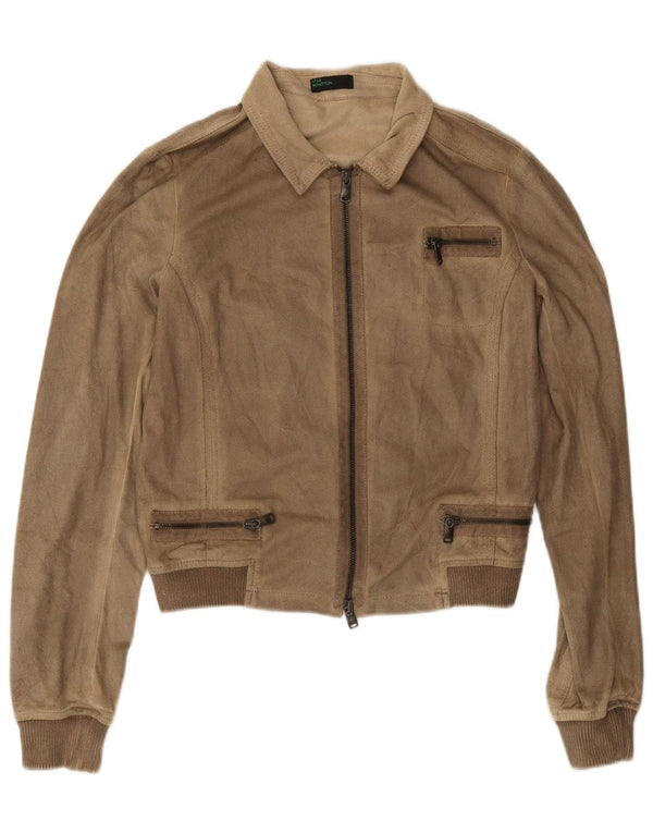 Benetton Damen Crop Bomberjacke IT 44 Medium Beige Polyester