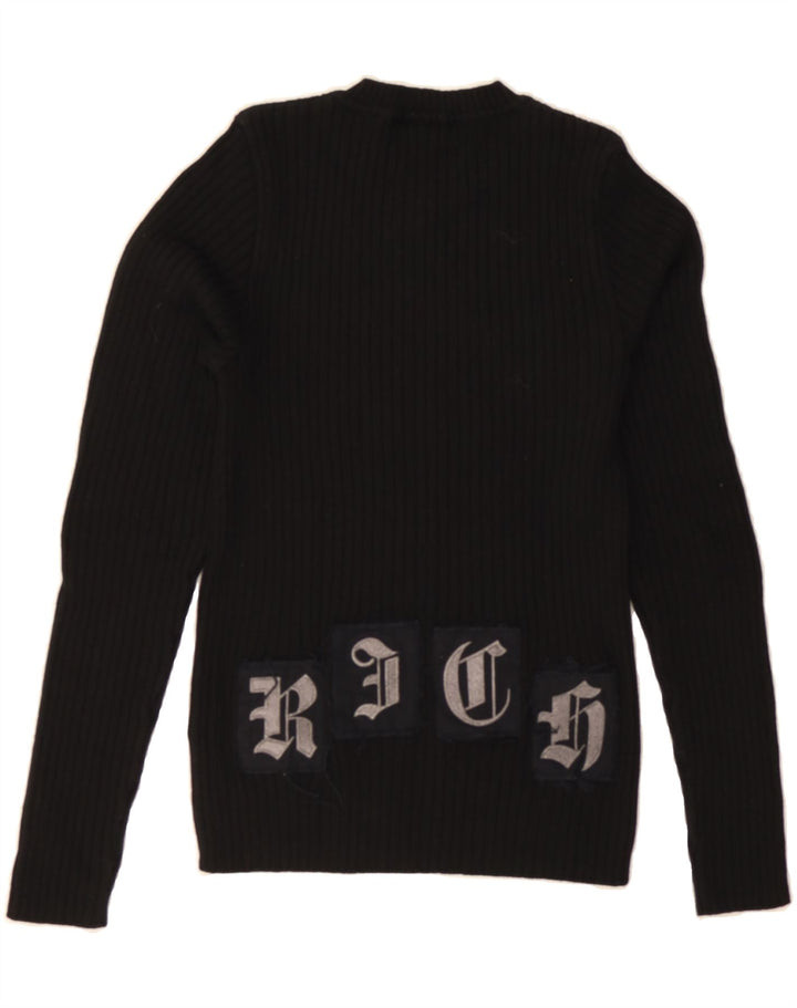 RICHMOND Womens Graphic V-Neck Jumper Sweater IT 46 Large Black Wool Vintage Richmond and Second-Hand Richmond from Messina Hembry 