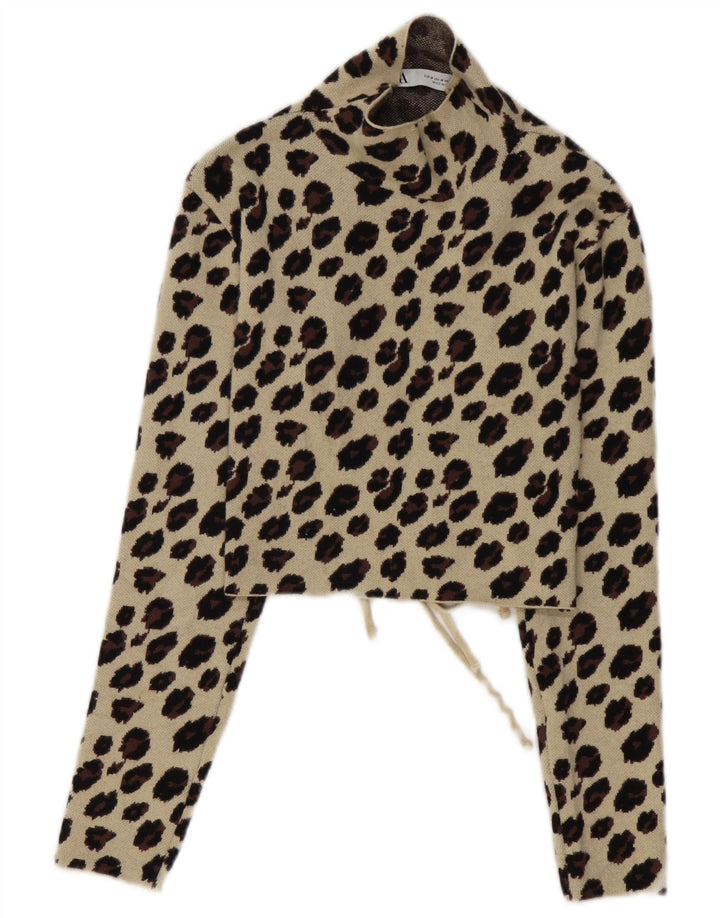 Zara Damen Crop Langarmbluse Top UK 12 Medium Beige Animal Print