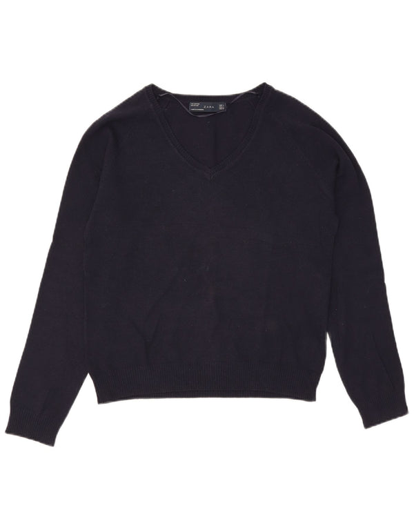 Zara Damen-Pullover mit V-Ausschnitt, UK 14, Größe L, Marineblau, Baumwolle