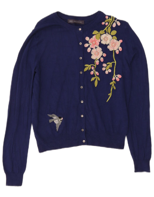 Marks & Spencer Damen Crop Cardigan Pullover UK 10 Small Marineblau mit Blumenmuster
