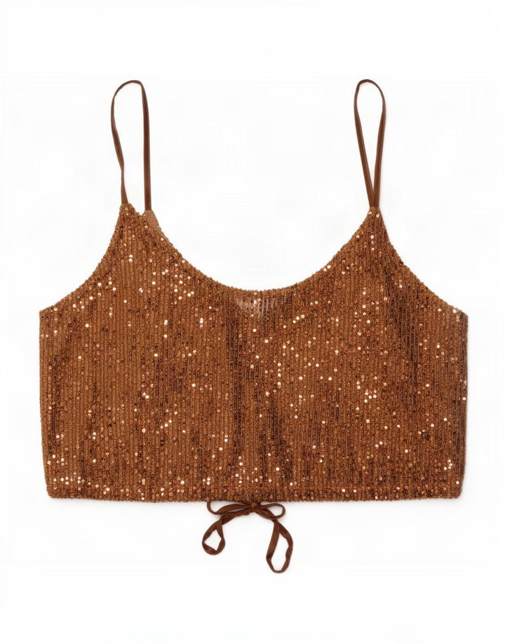 Zara Damen Pailletten-Crop-Top UK 14 Large Braun Polyester