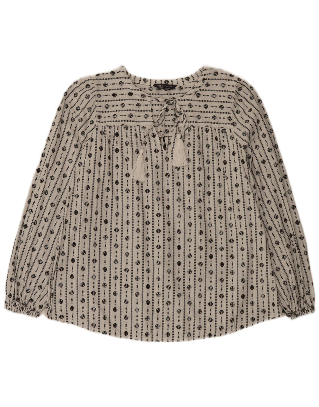 Marks & Spencer Damen-Blusenoberteil, UK-Größe 46, Größe L, weiße, geometrische Baumwolle