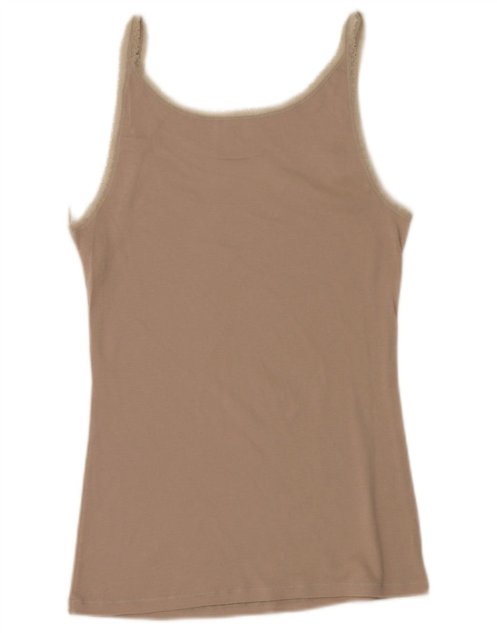 BENETTON Damen Cami Top UK 14 Large Beige Floral Cotton