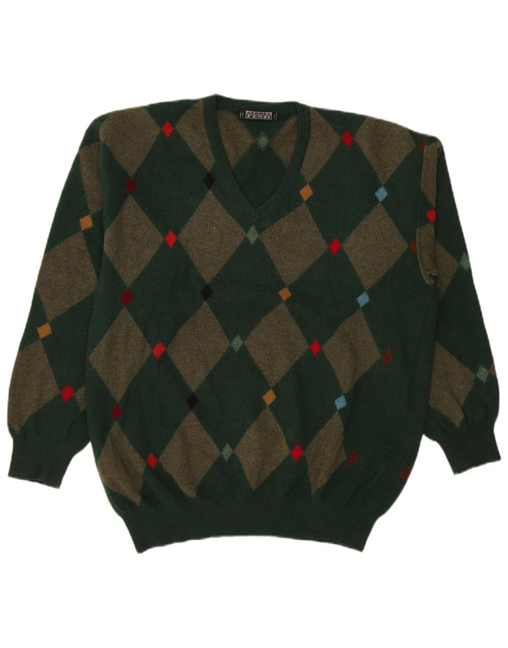 Andrea Fenzi Herren-Pullover mit V-Ausschnitt IT 50 Mittelgrün Argyle/Diamant