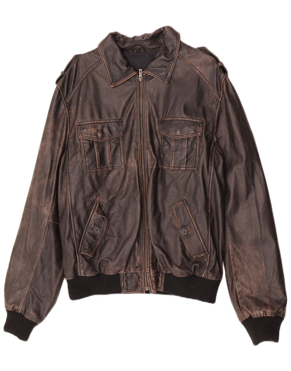 ENJOY Mens Military Leather Jacket UK 42 XL Brown Leather