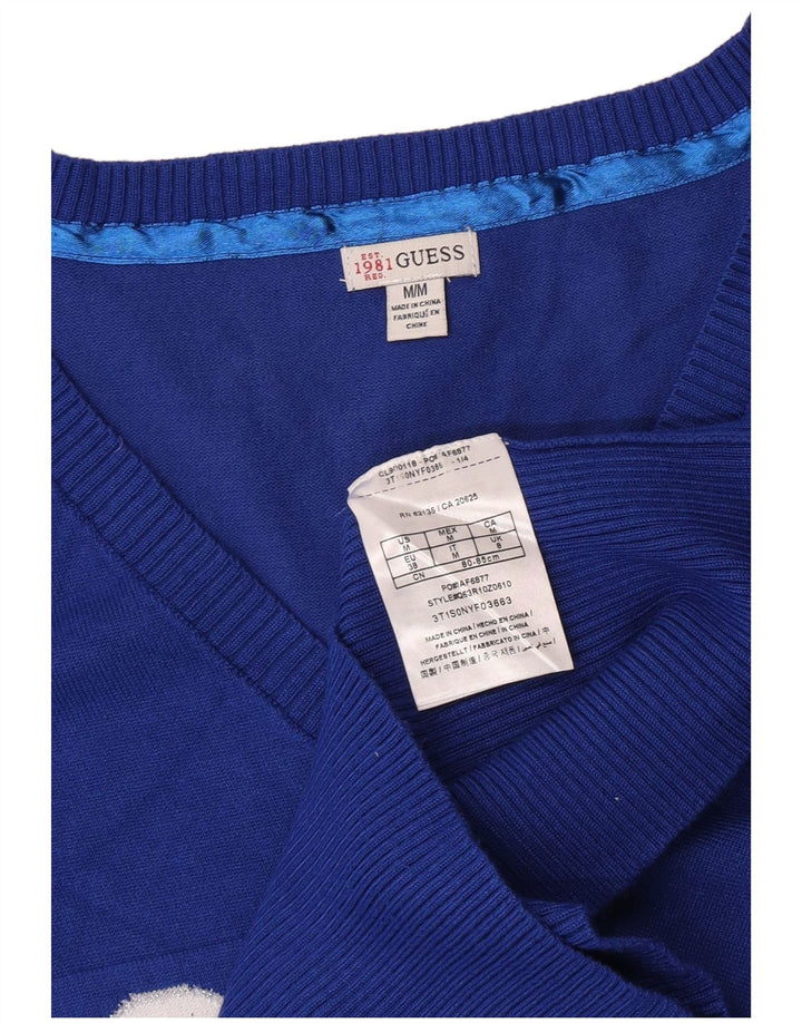 Guess Damen-Pullover mit grafischem V-Ausschnitt, Größe S, Blau, Viskose