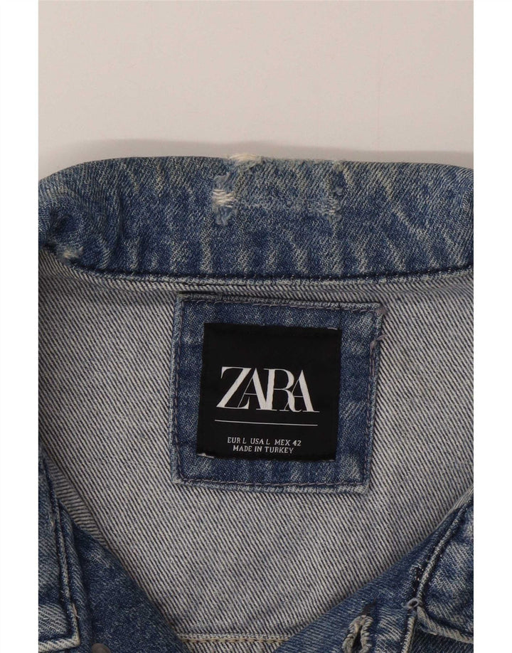 Zara Herren-Jeansjacke im Used-Look mit Künstlergrafik, Größe 42, groß, blau, Patchwork