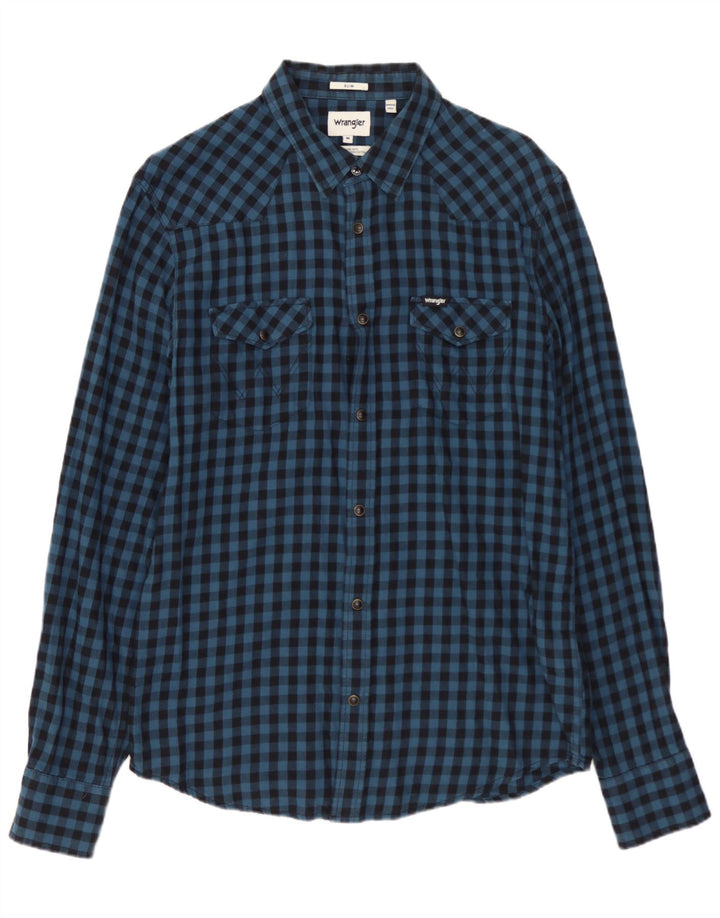 WRANGLER Slim Flanellhemd für Herren aus mittelblauer Gingham-Baumwolle