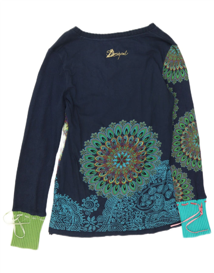 DESIGUAL Damen Graphic Top Langarm UK 14 Large Marineblau mit Blumenmuster