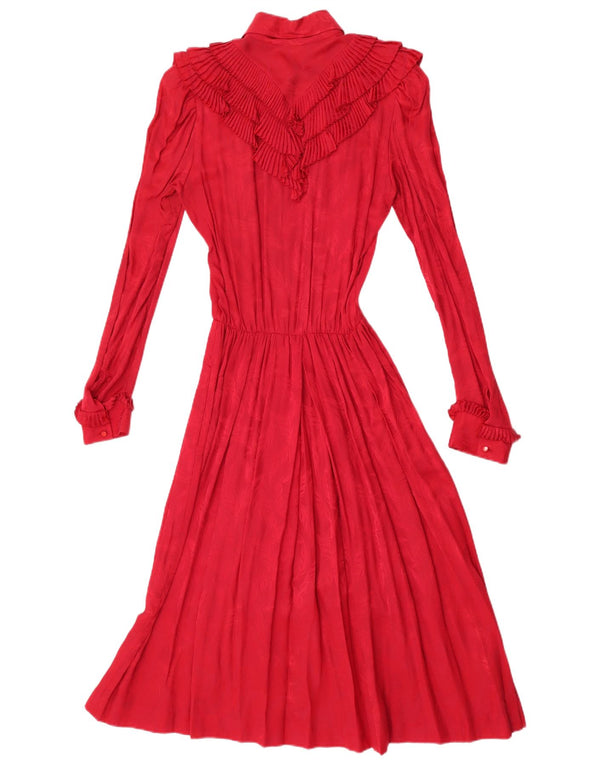Vintage Damen Maxikleid mit langen Ärmeln und Rüschen vorne, UK 12, Mittelrot