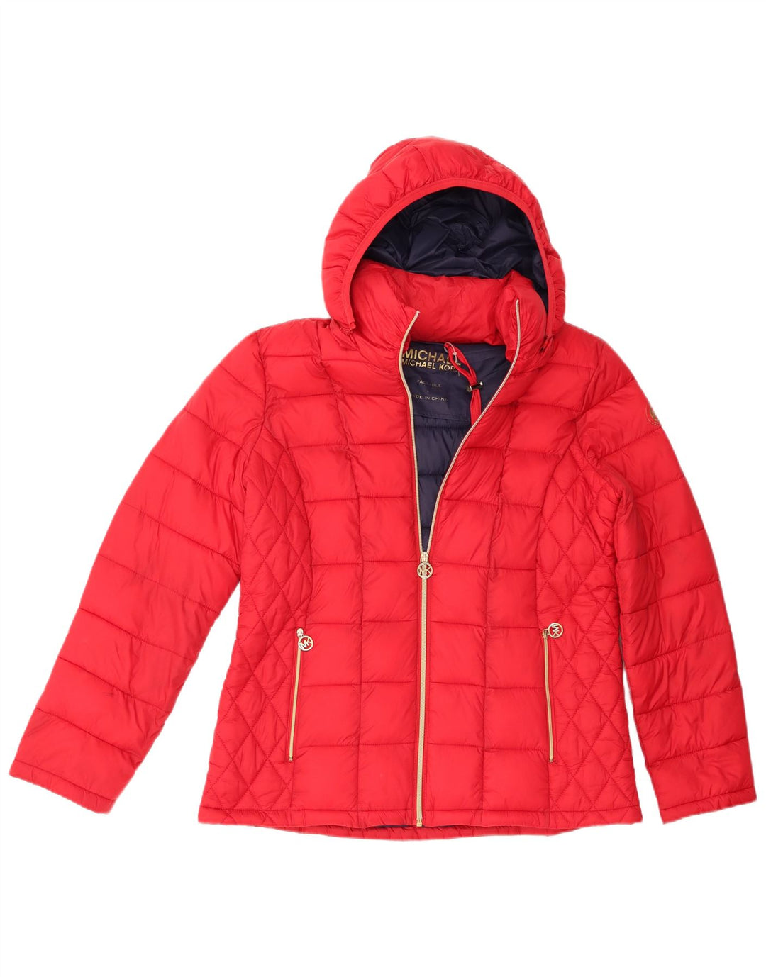 Michael Kors Wattierte Damenjacke mit Kapuze, UK 16, großes rotes Nylon