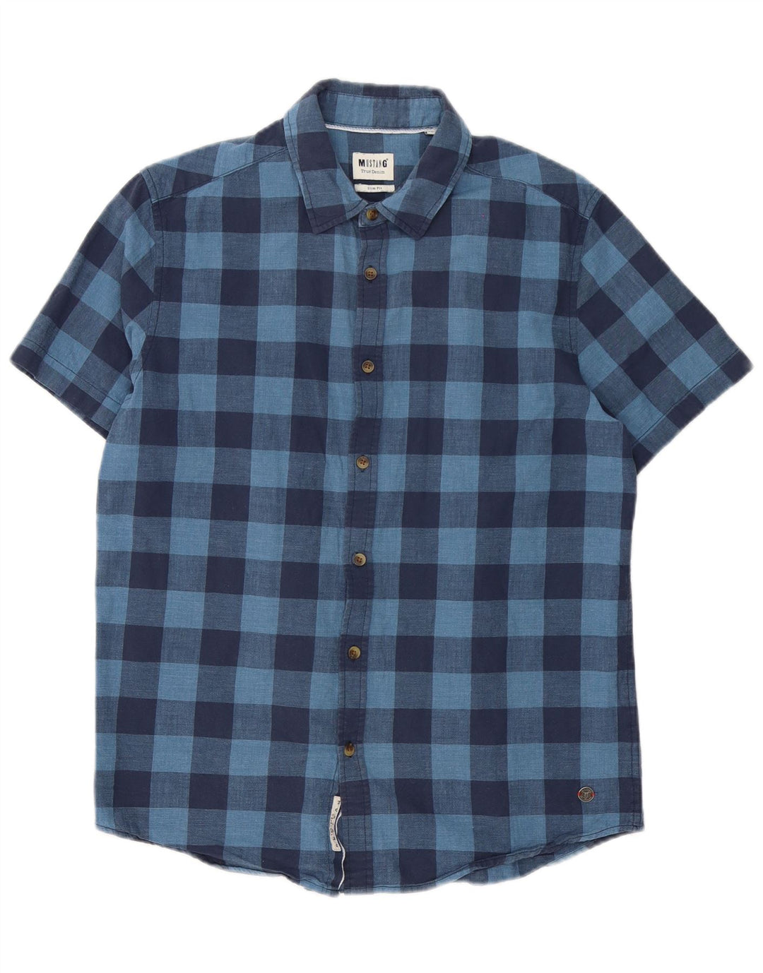 Mustang Herren-Kurzarm-Slim-Fit-Hemd in Mittelblau mit Karomuster