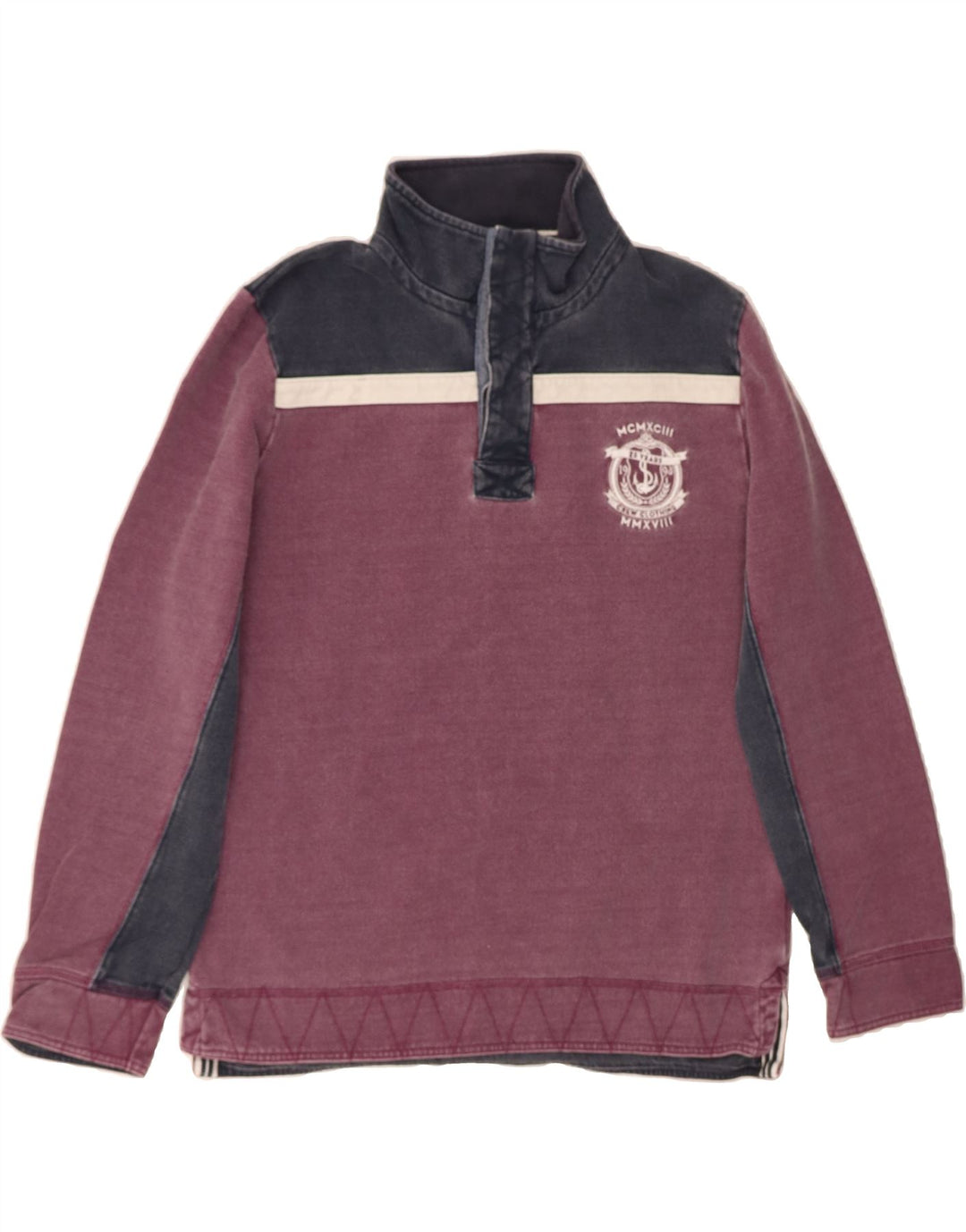 CREW CLOTHING Mens Graphic Sweatshirt Jumper Medium Purple Colourblock Vintage Crew Clothing and Second-Hand Crew Clothing from Messina Hembry 