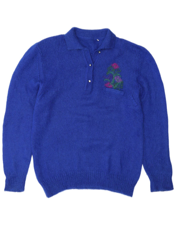 Vintage Womens Graphic Polo Neck Jumper Sweater IT 48 XL Blue Floral Mohair