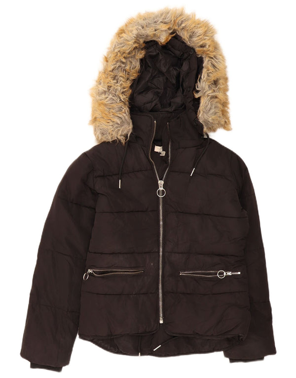Topshop Damen-Kapuzen-Übergröße, wattierte Jacke, UK 4, XS, Schwarz, Polyester