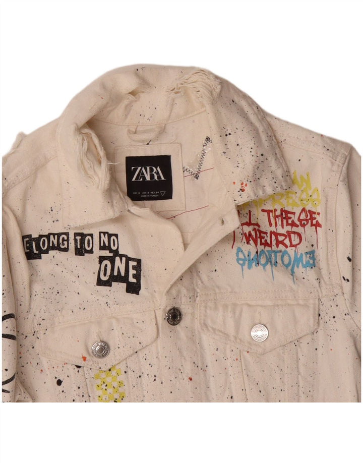 Zara Herren-Jeansjacke mit Grafik, UK 36, Größe S, weiß gefleckte Baumwolle