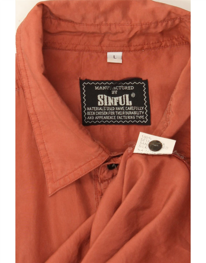 SINFUL Mens Short Sleeve Shirt Large Orange Silk Vintage Sinful and Second-Hand Sinful from Messina Hembry 