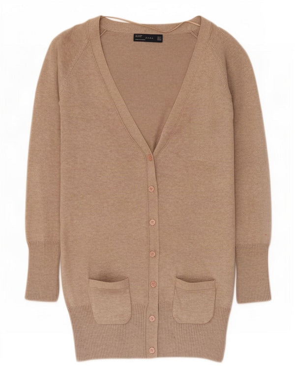 Zara Damen Longline-Cardigan-Pullover UK 10 Small Beige gesprenkelte Baumwolle