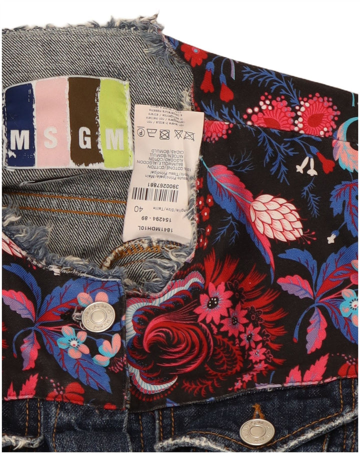 MSGM Damen Crop 3/4-Ärmel-Jeansjacke IT 40 Small Marineblau mit Blumenmuster