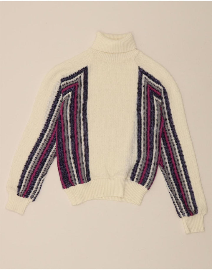 VINTAGE Womens Roll Neck Jumper Sweater UK 14 Large White Striped Vintage Vintage and Second-Hand Vintage from Messina Hembry 