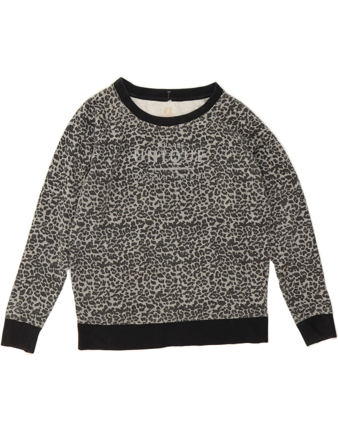 RUSSELL ATHLETIC Womens Sweatshirt Jumper UK 14 Medium Grey Animal Print Vintage Russell Athletic and Second-Hand Russell Athletic from Messina Hembry 