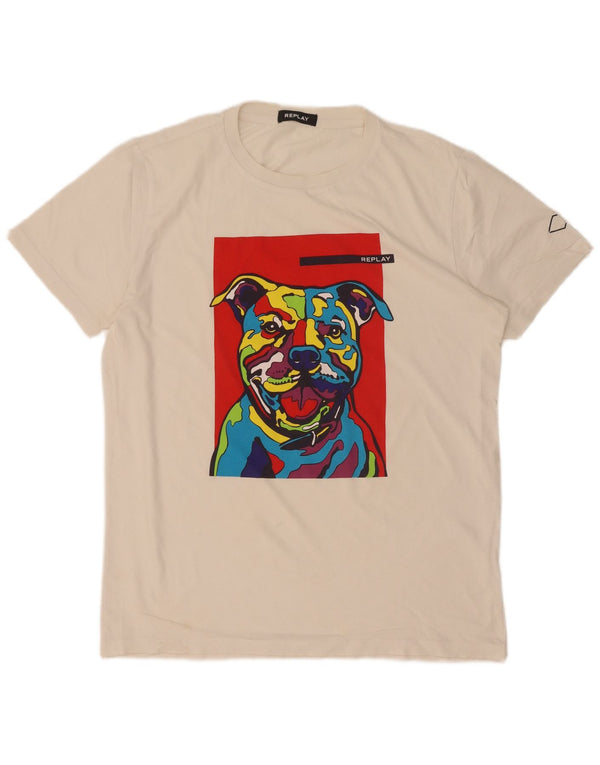 Replay Herren Grafik-T-Shirt-Oberteil Mittelweiß