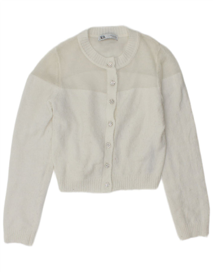 Zara Damen Crop Cardigan Pullover UK 12 Mittelweißes Polyester