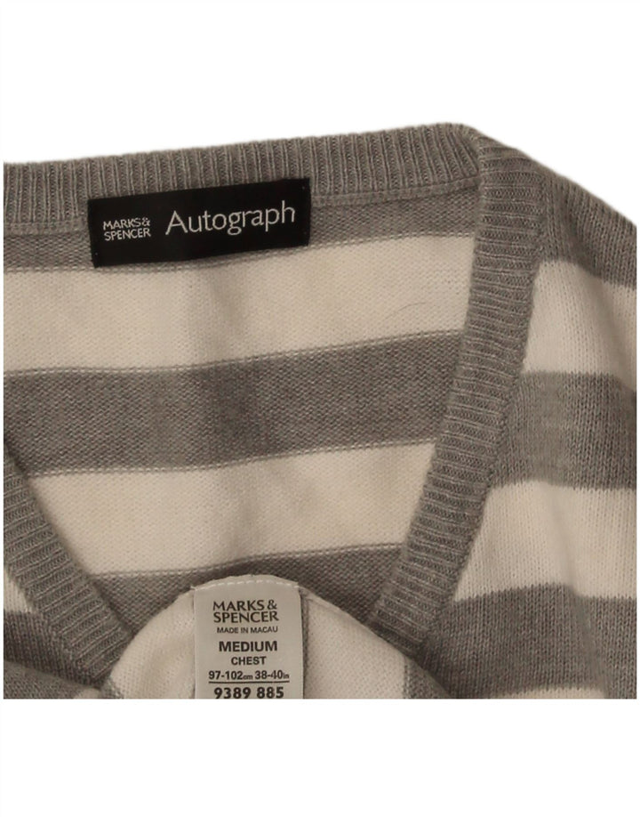 Marks & Spencer Herren Autograph Pullover mit V-Ausschnitt Mittelgrau gestreift