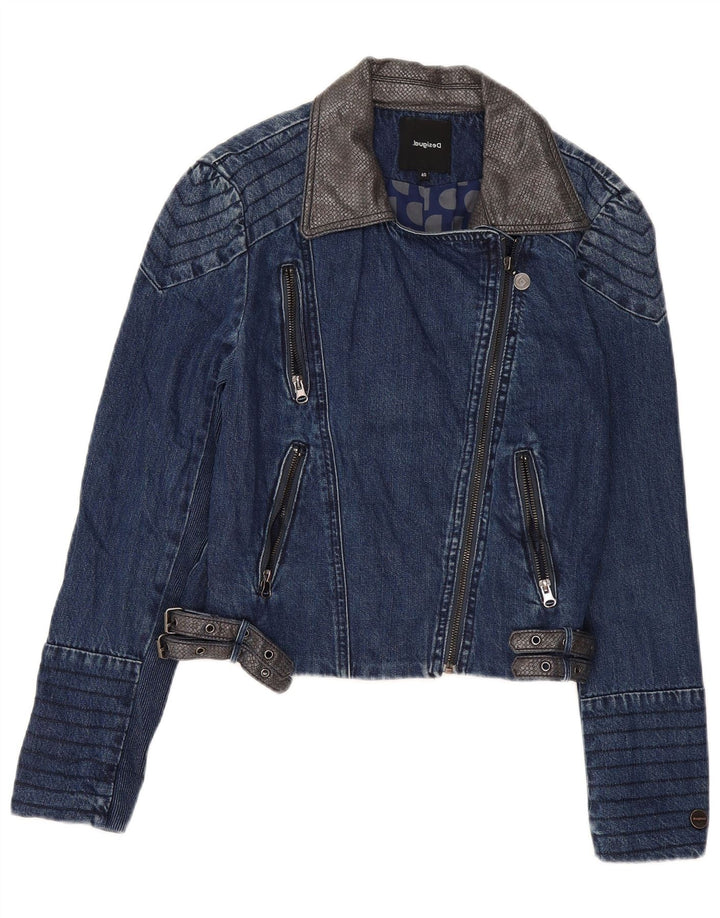 Desigual Damen Crop Denim Jacke EU 40 Medium Navy Blue Floral Cotton