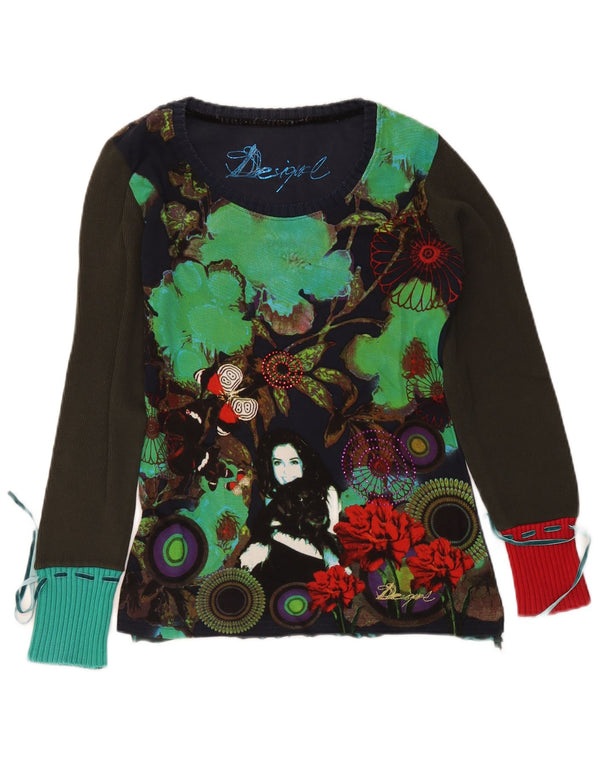 Desigual Womens Graphic Top Langarm UK 14 Large Marineblau mit Blumenmuster