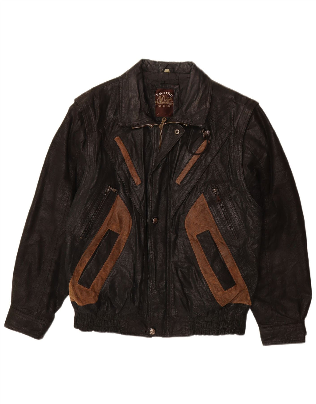 VINTAGE Herren Lederjacke UK 40 Großes schwarzes Colourblock-Leder