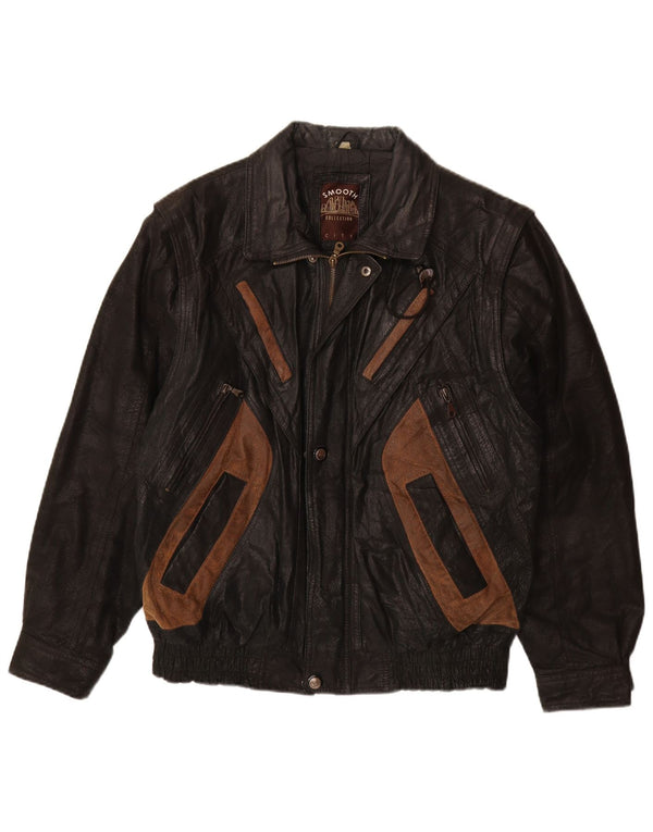 VINTAGE Herren Lederjacke UK 40 Großes schwarzes Colourblock-Leder