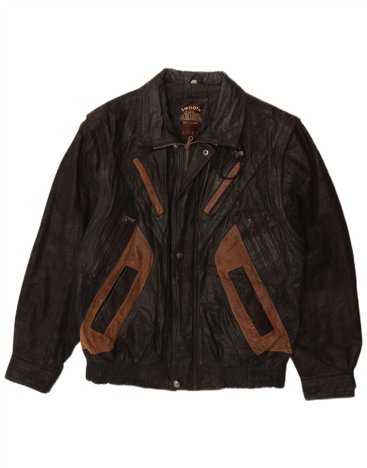 VINTAGE Herren Lederjacke UK 40 Großes schwarzes Colourblock-Leder