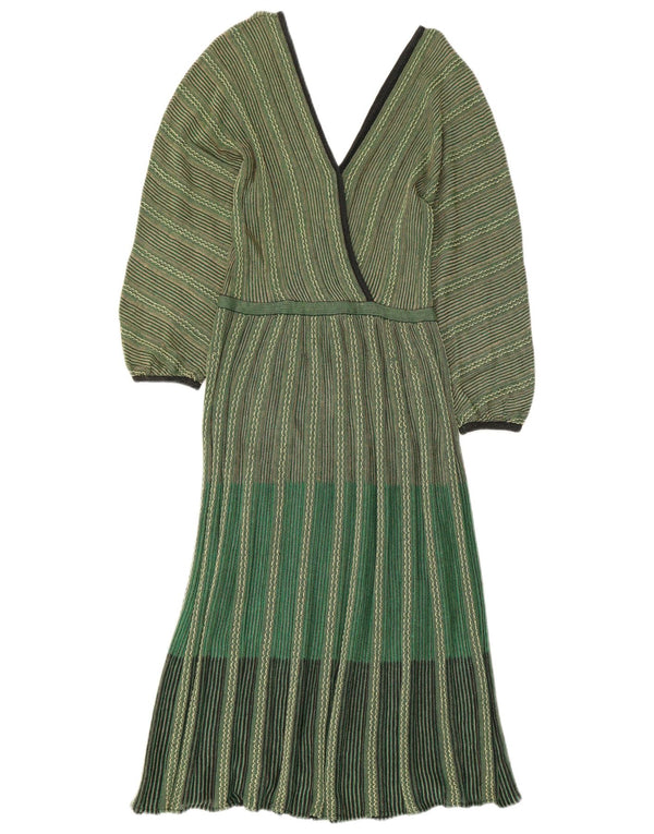 Vintage Damen Strick Langarm Maxikleid IT 42 Mittelgrün gestreift