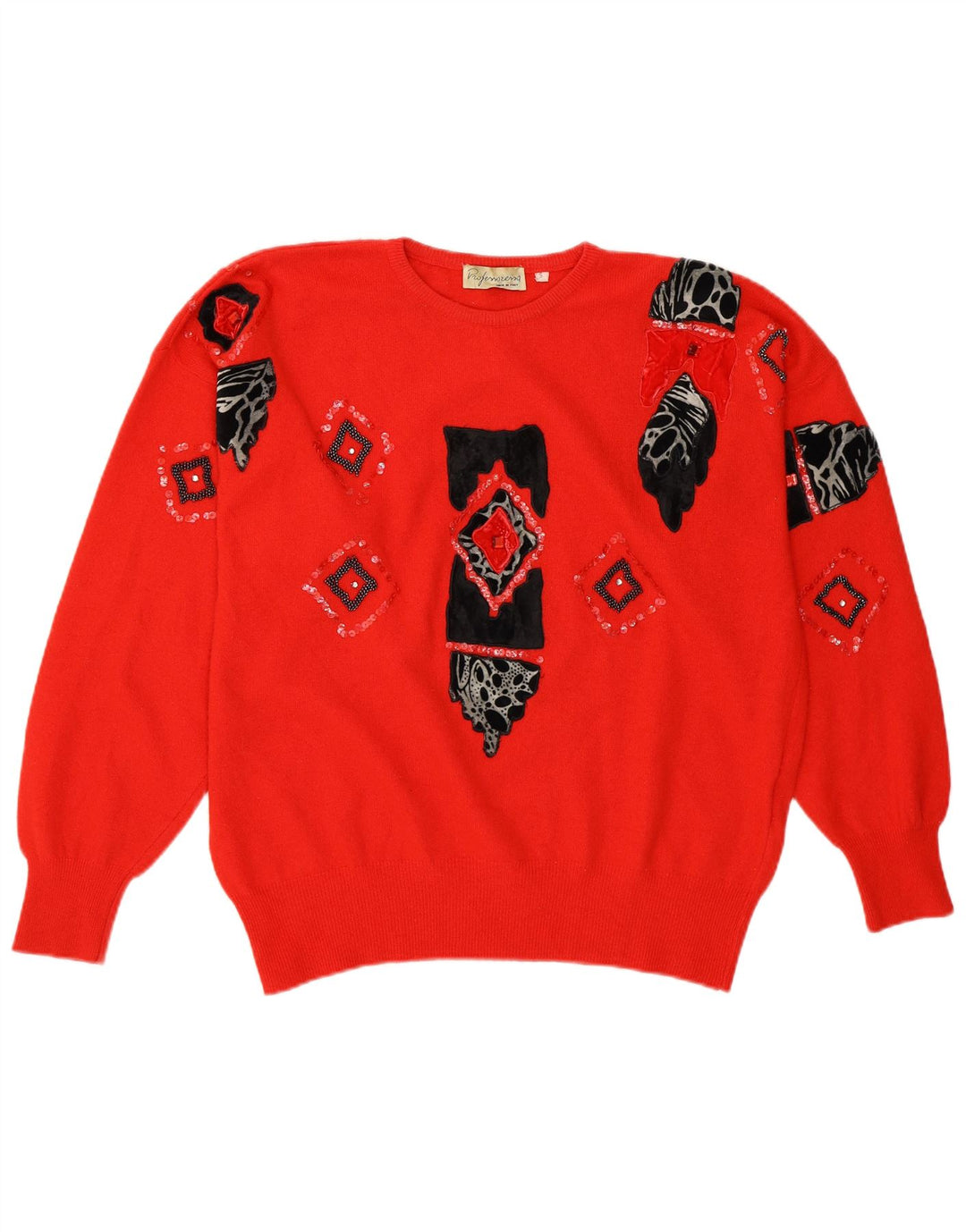 Vintage Damen Pullover mit grafischem Rundhalsausschnitt, Gr. 10, klein, rot, geometrisch