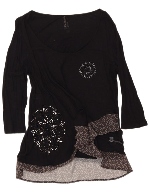 DESIGUAL Damen Grafik-Top mit 3/4-Ärmeln, UK 18, XL, schwarze Viskose mit Animal-Print