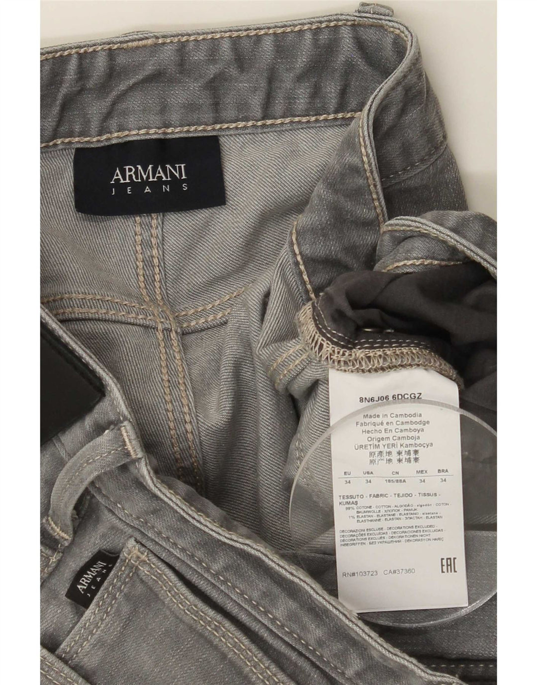 Armani Herren Slim Jeans W34 L30 Graue Baumwolle