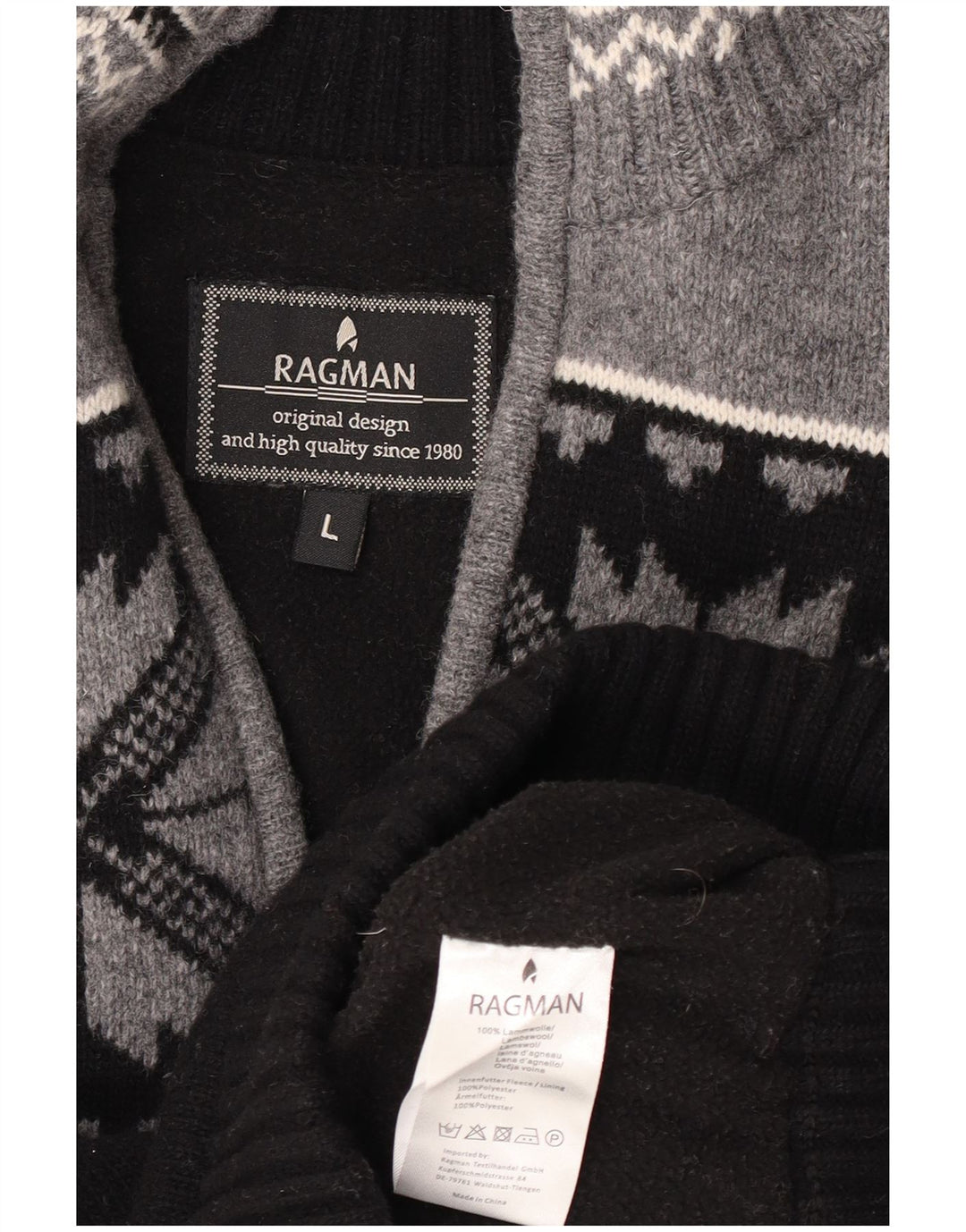 Ragman Herren-Pullover mit Reißverschluss am Hals, groß, schwarze Fair-Isle-Lammwolle