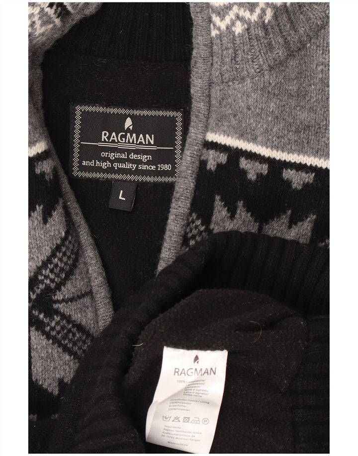 Ragman Herren-Pullover mit Reißverschluss am Hals, groß, schwarze Fair-Isle-Lammwolle